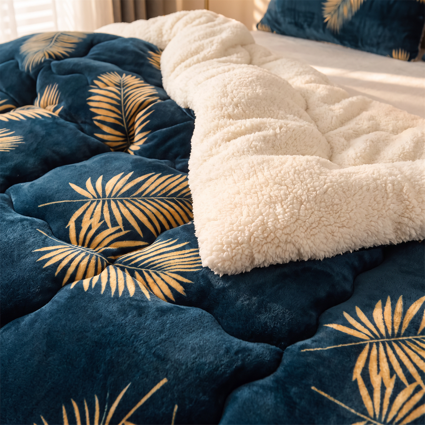Detail of the Nordic Cloud quilt on a bed, quilted channels and cream sherpa fleece reverse visible along the folded edge