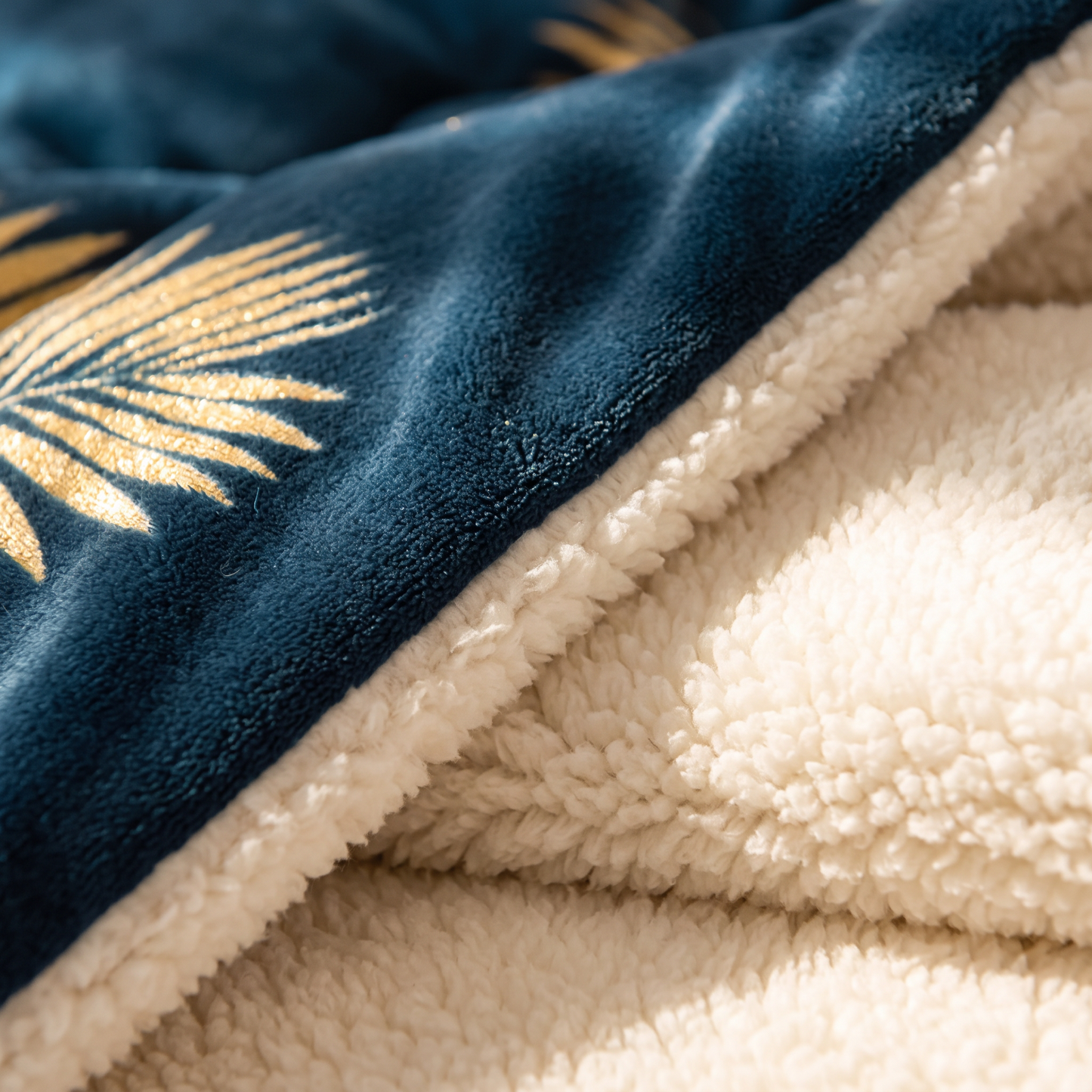 Close-up of the two sides of the Nordic Cloud quilt: navy milk-velvet with gold palm print meeting thick cream sherpa fleece