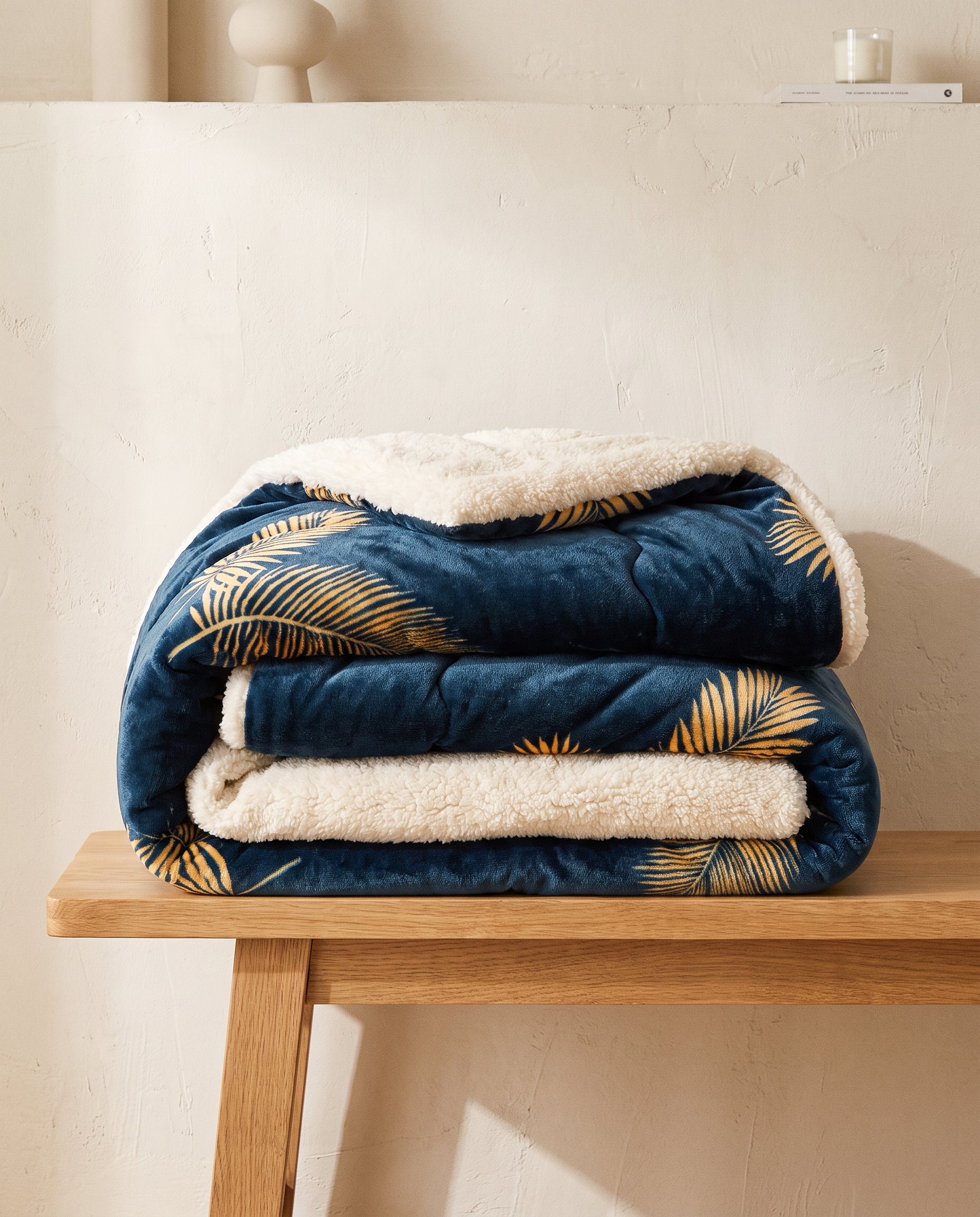 Nordic Cloud winter quilt folded on an oak bench, showing the depth and loft of the filling