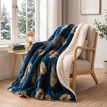 Nordic Cloud winter quilt draped over an armchair as a throw, both velvet and sherpa fleece sides visible