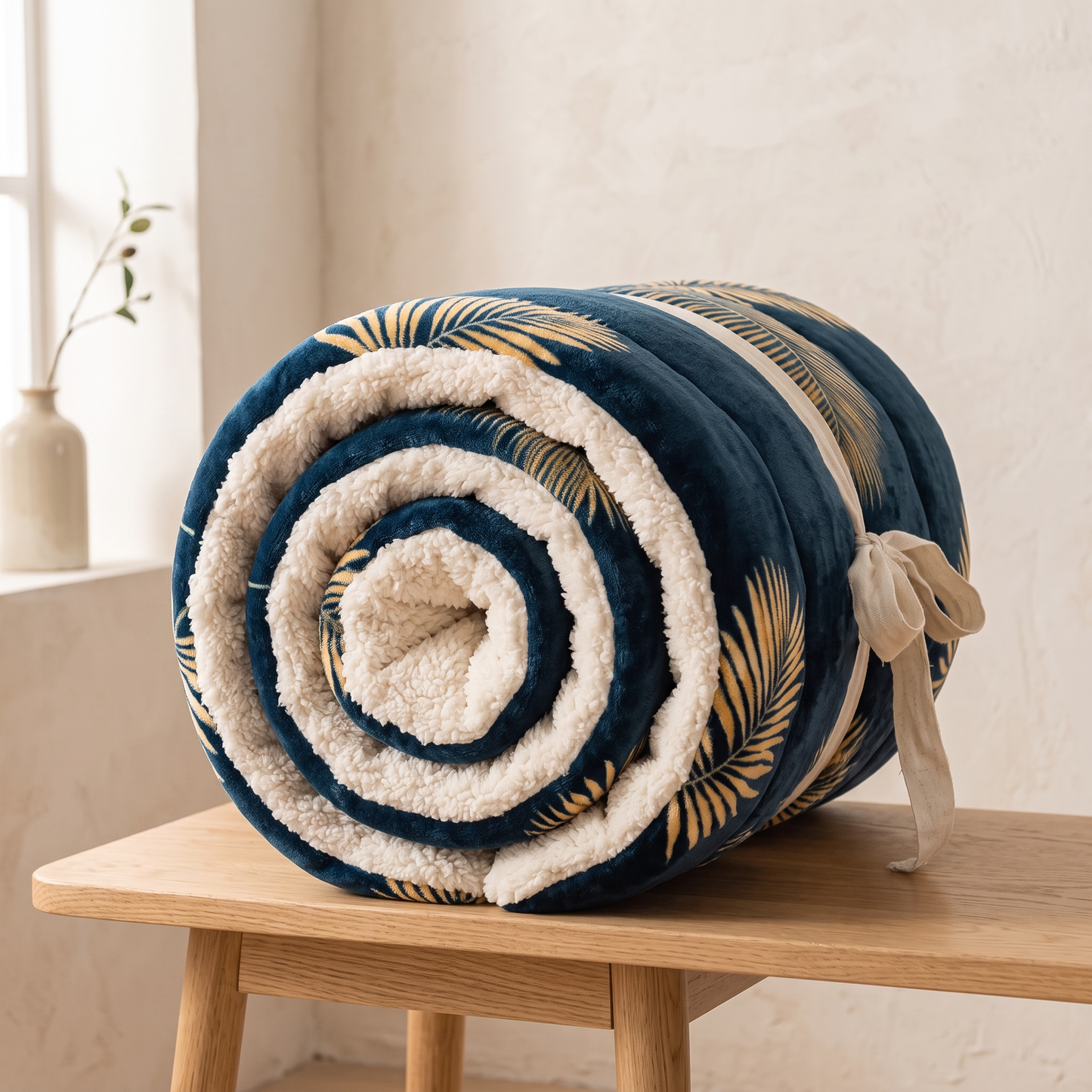 Nordic Cloud winter quilt rolled up, showing the thickness of the filling and the cream sherpa fleece lining