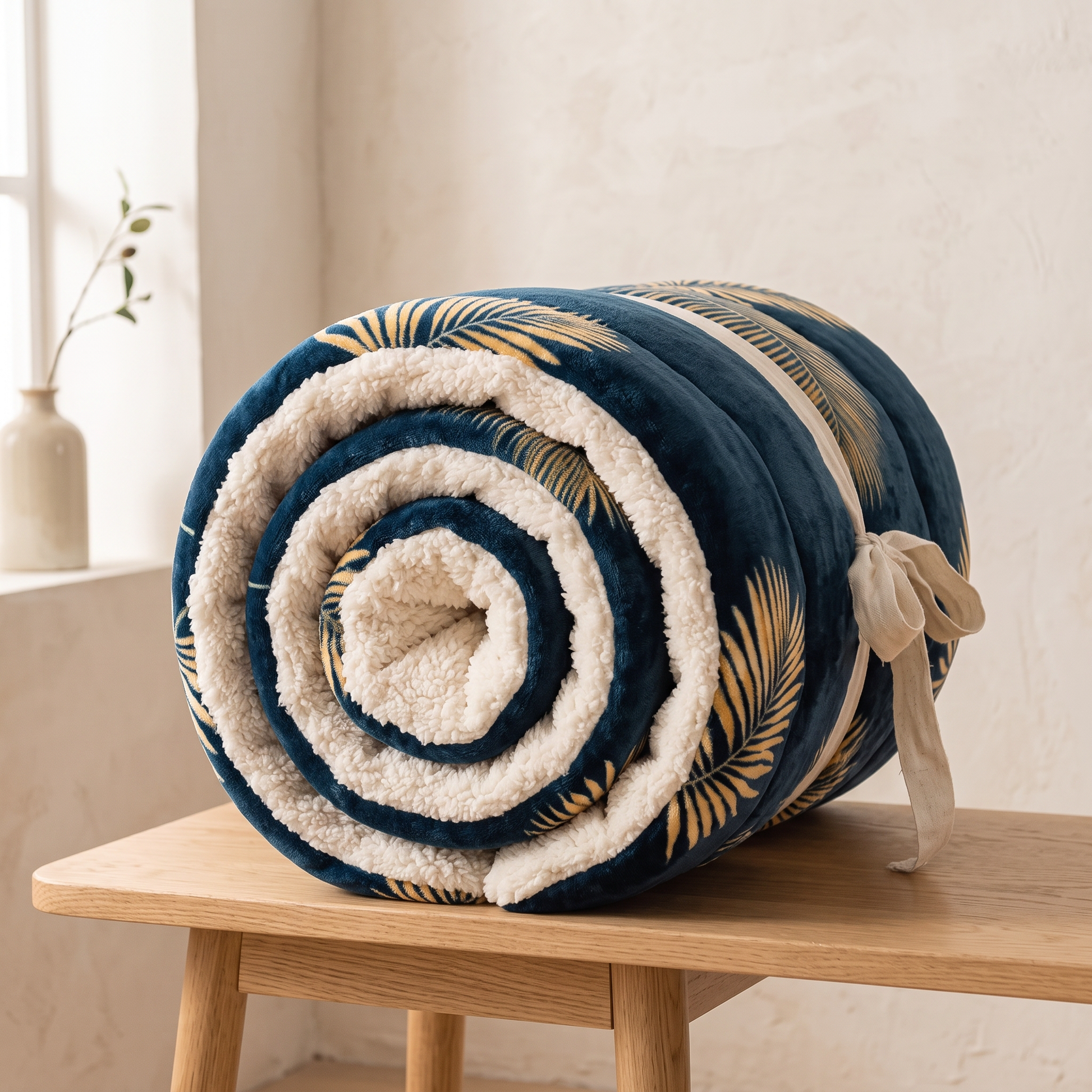 Nordic Cloud winter quilt rolled up, showing the thickness of the filling and the cream sherpa fleece lining