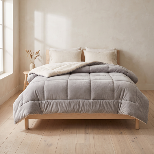 Nordic Cloud winter quilt in plain Stone Grey on a bed in a Scandinavian bedroom