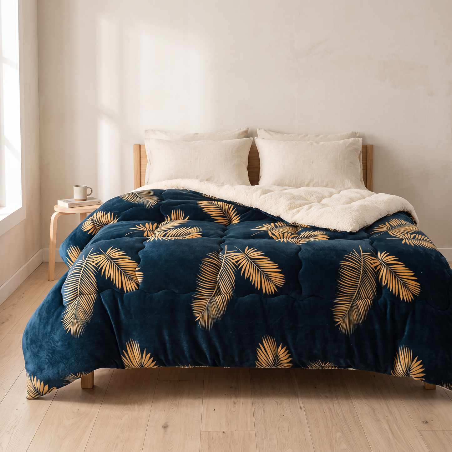 Nordic Cloud winter quilt in Navy Palm on a bed in a Scandinavian bedroom, corner turned back to show the cream sherpa fleece reverse