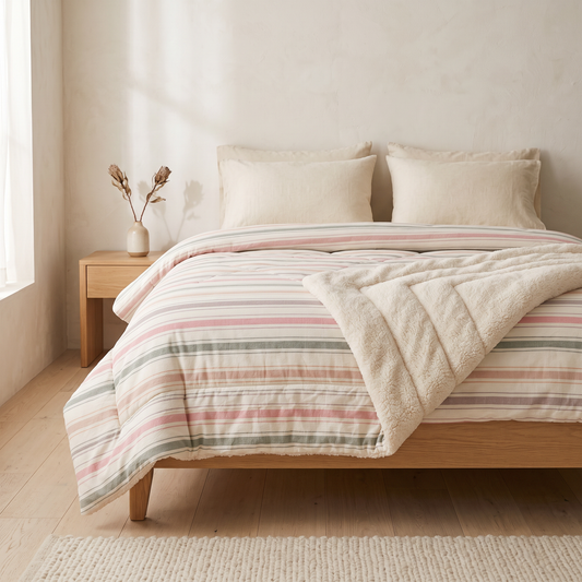 Nordic Cloud winter quilt in Pastel Stripe on a bed in a Scandinavian bedroom