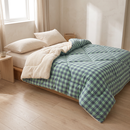 Nordic Cloud winter quilt in Green Check on a bed in a Scandinavian bedroom