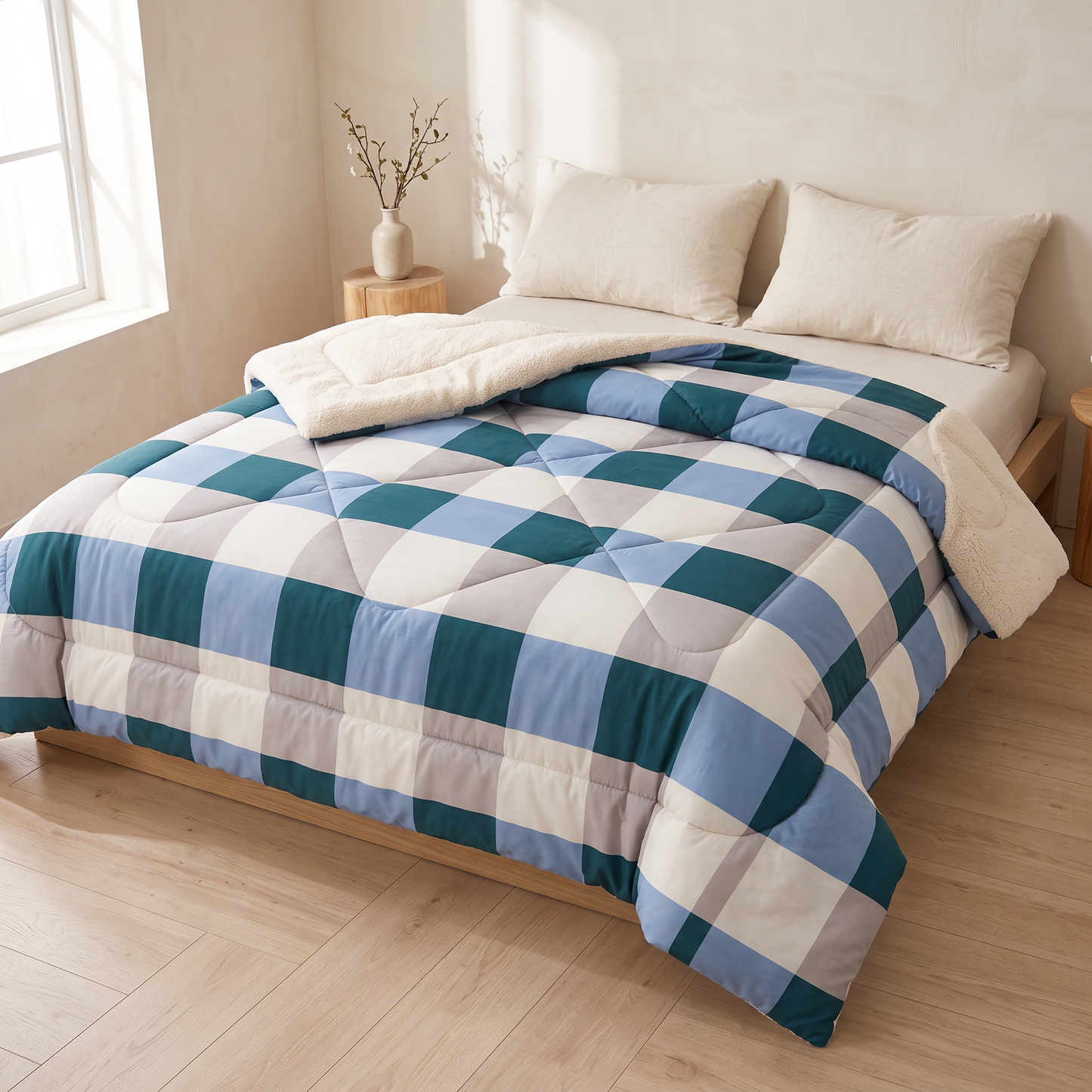 Nordic Cloud winter quilt in Blue Check on a bed in a Scandinavian bedroom