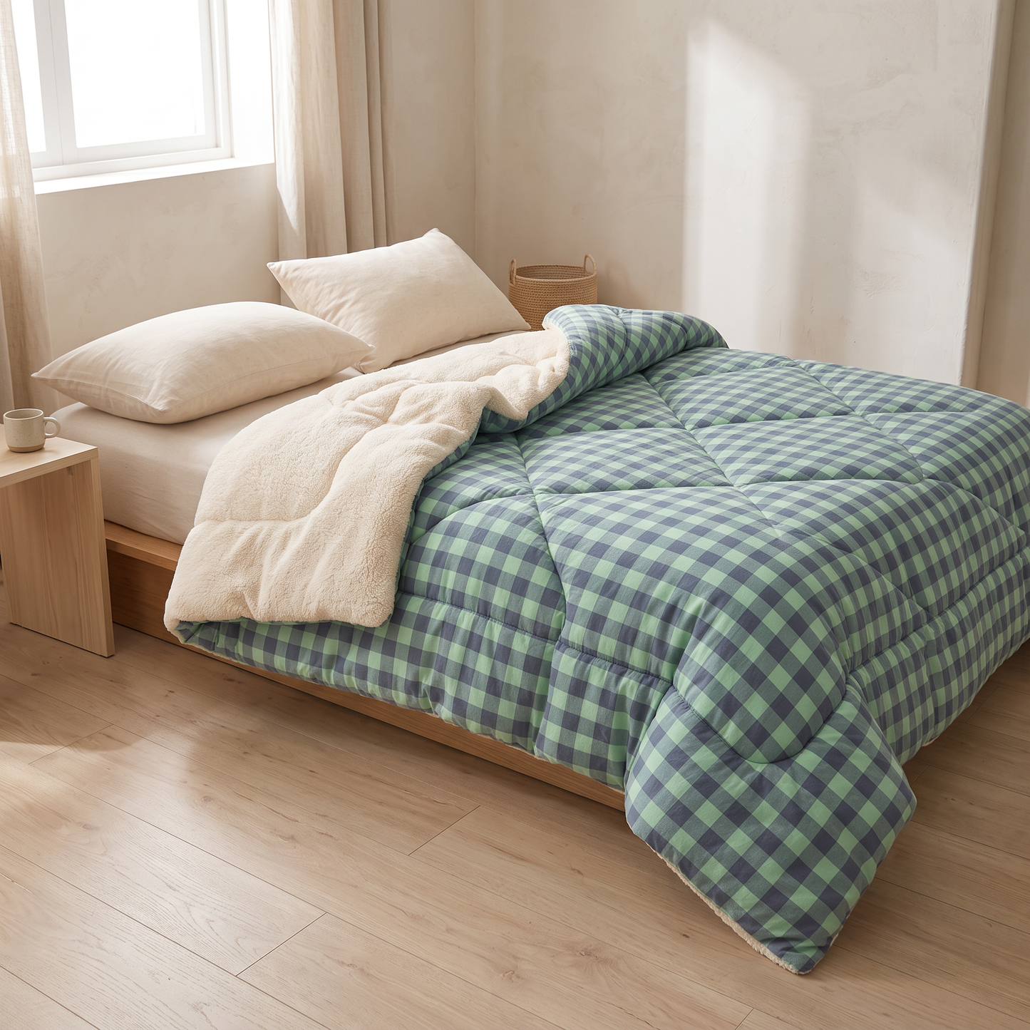 Nordic Cloud winter quilt in Green Check on a bed in a Scandinavian bedroom