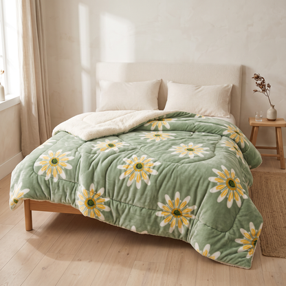 Nordic Cloud winter quilt in Green Floral on a bed in a Scandinavian bedroom