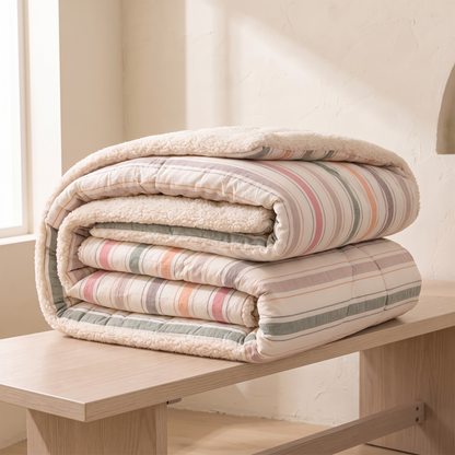 Pastel Stripe quilt folded on an oak bench, showing the depth and loft of the filling