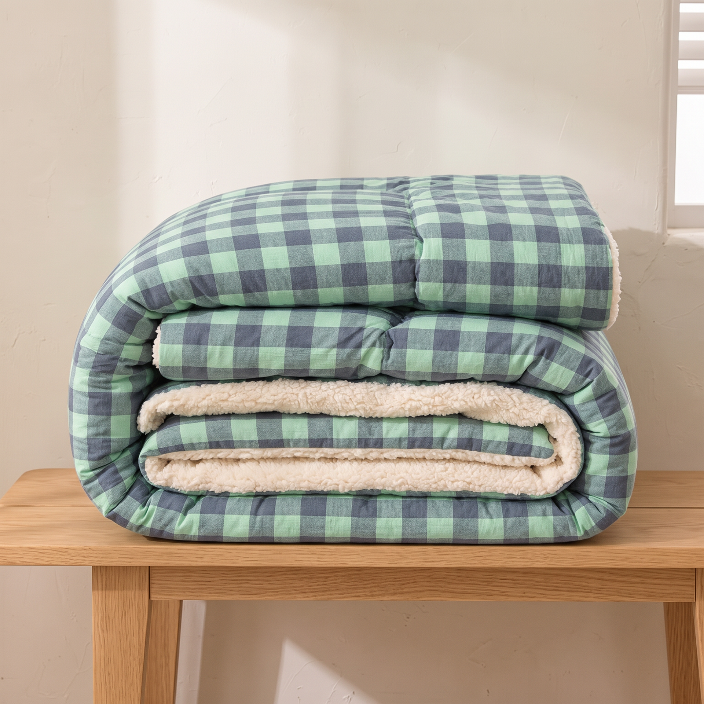 Green Check quilt folded on an oak bench, showing the depth and loft of the filling