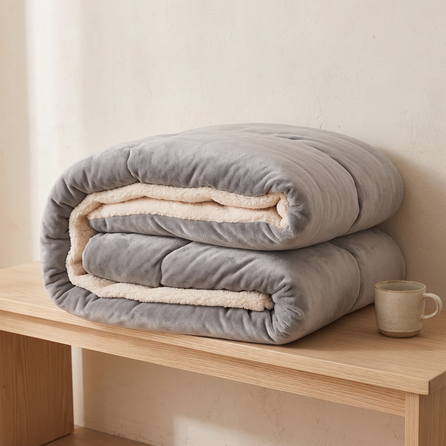 Stone Grey quilt folded on an oak bench, showing the depth and loft of the filling
