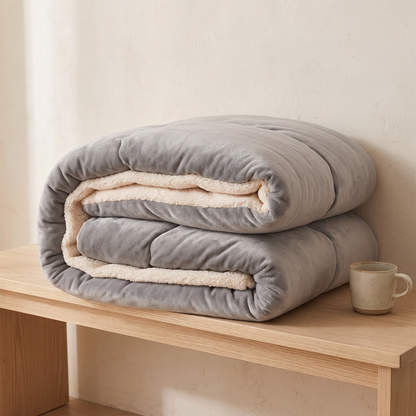 Stone Grey quilt folded on an oak bench, showing the depth and loft of the filling