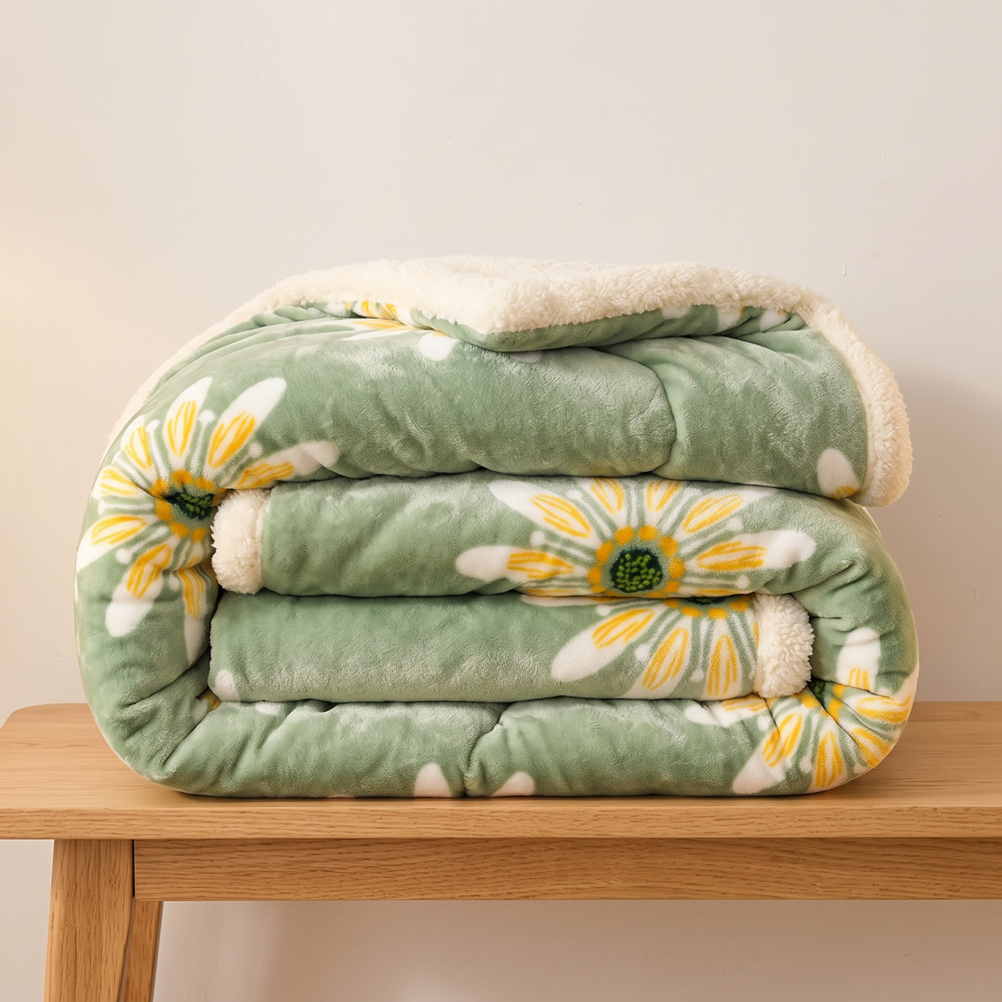 Green Floral quilt folded on an oak bench, showing the depth and loft of the filling