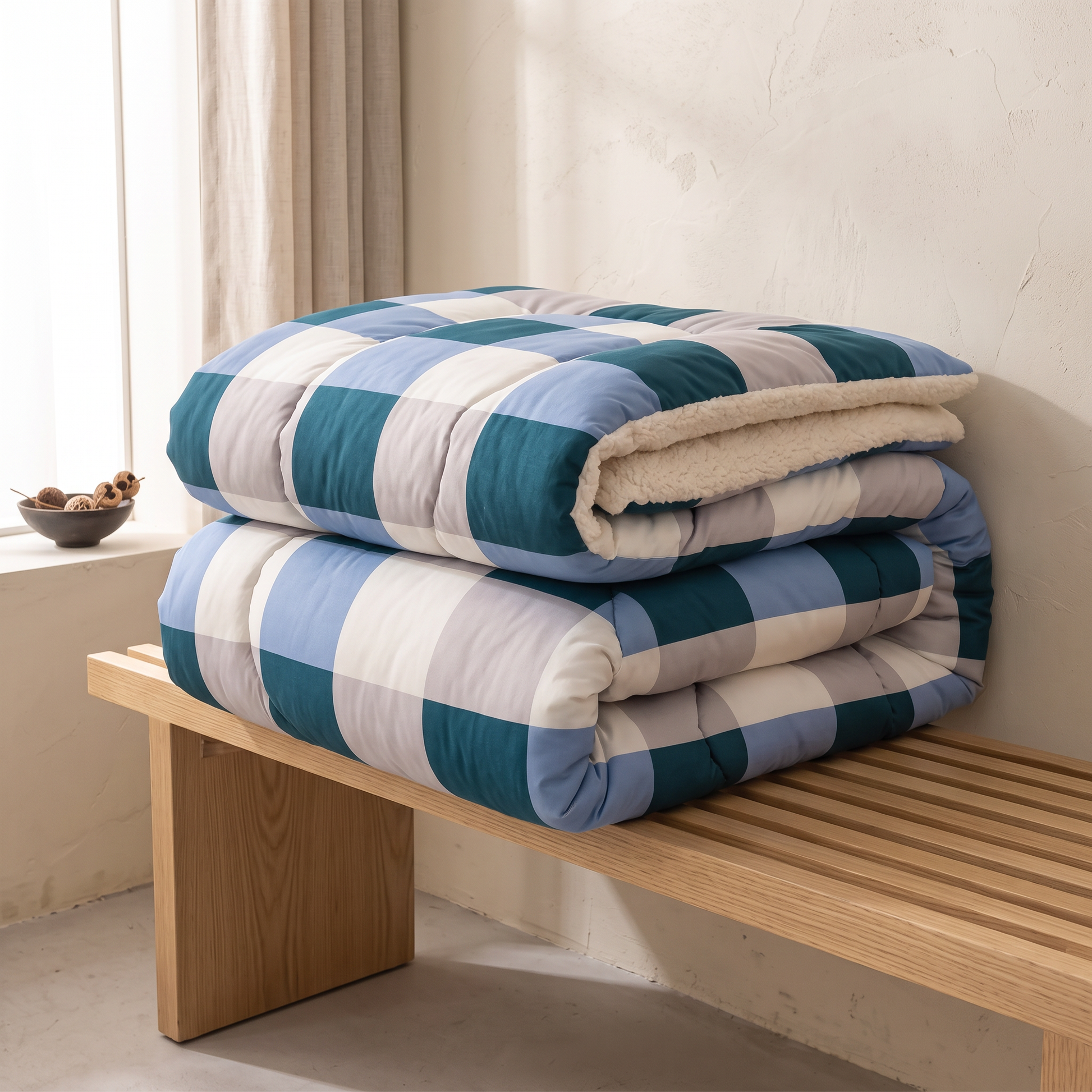 Blue Check quilt folded on an oak bench, showing the depth and loft of the filling