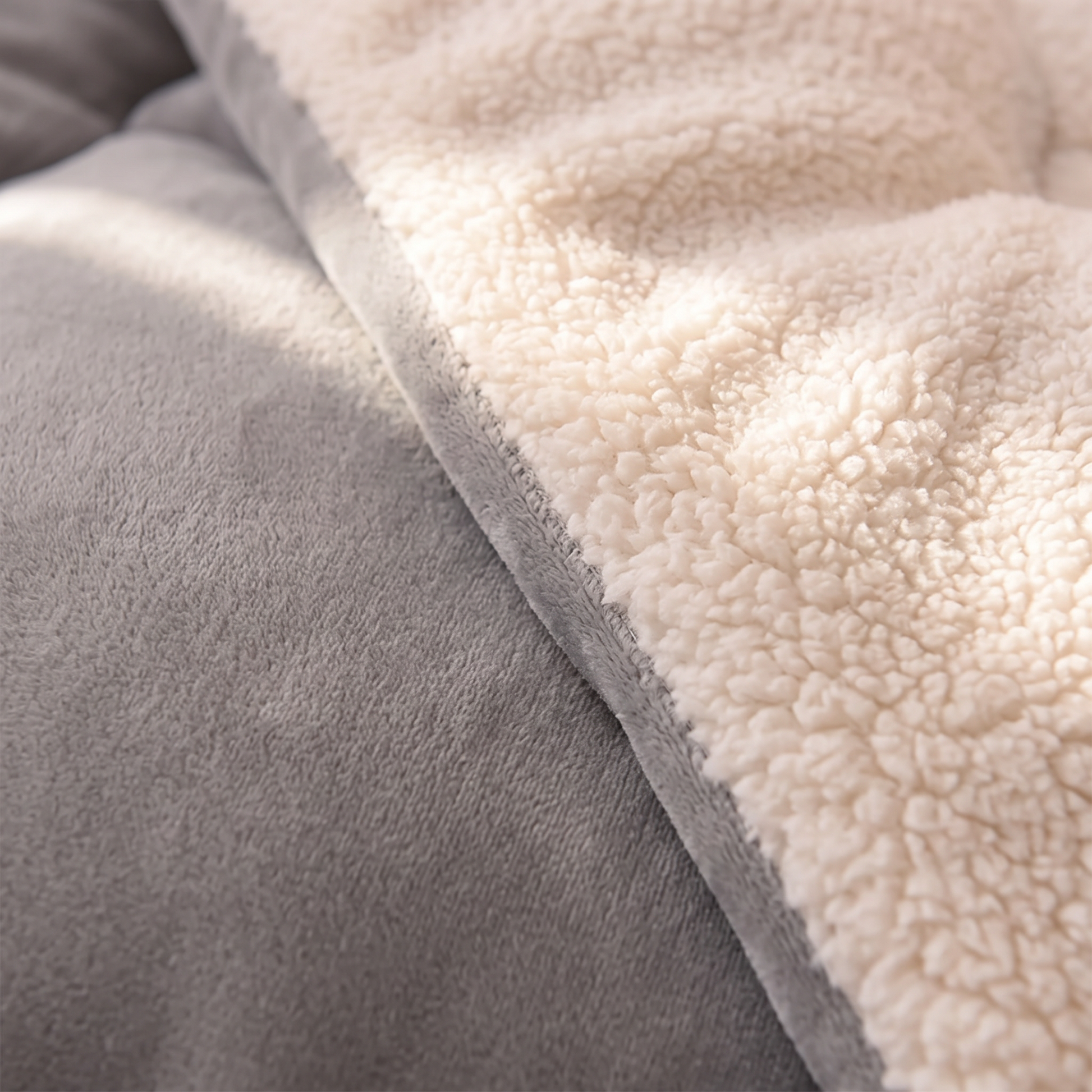 Close-up of the Stone Grey quilt: soft grey velvet meeting thick cream sherpa fleece