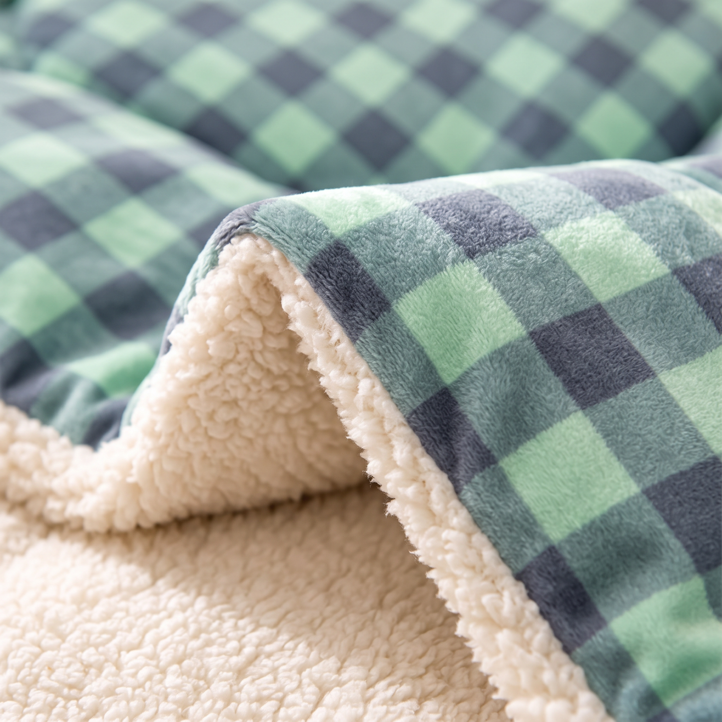 Close-up of the Green Check quilt: green check velvet meeting thick cream sherpa fleece