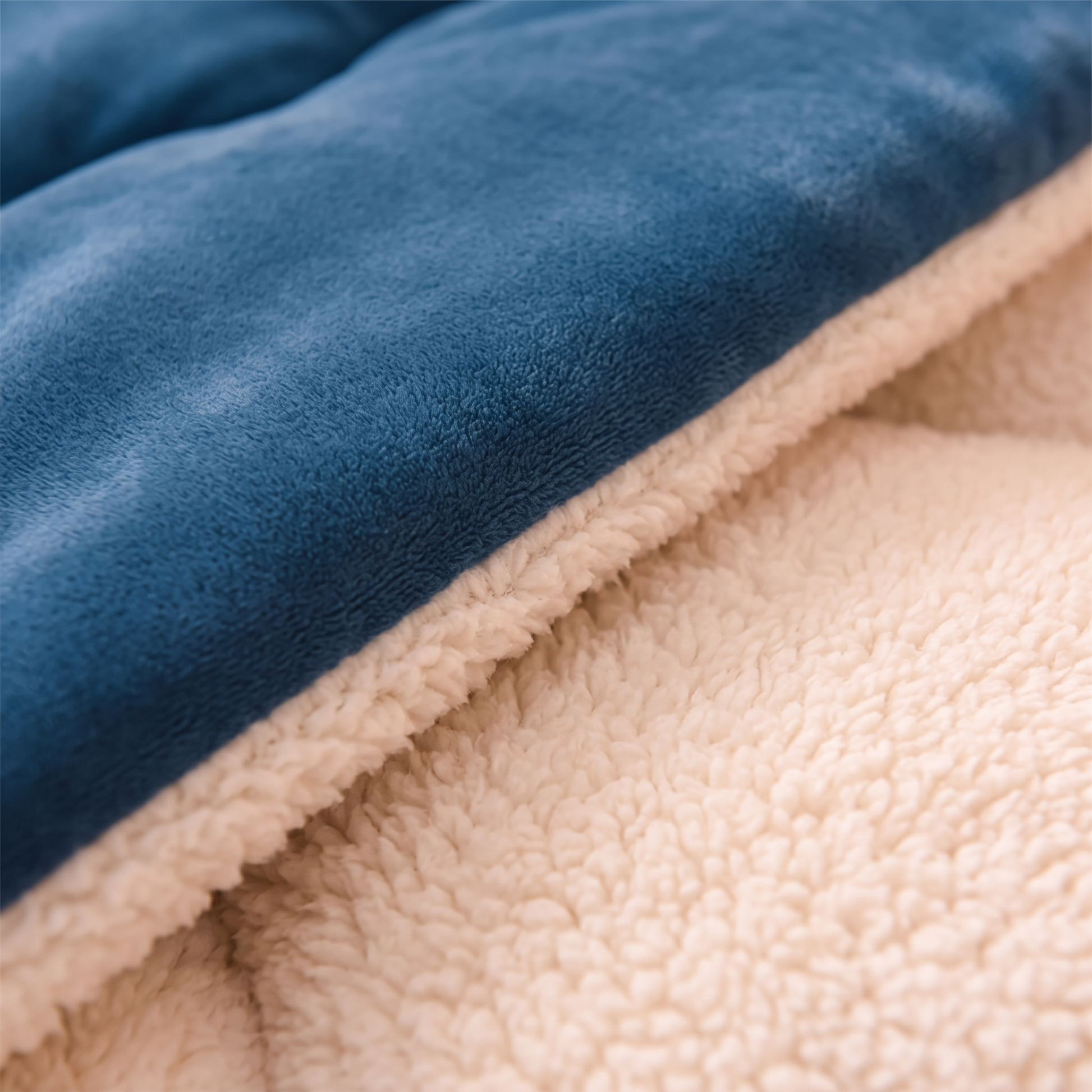 Close-up of the Ocean Blue quilt: deep blue velvet meeting thick cream sherpa fleece