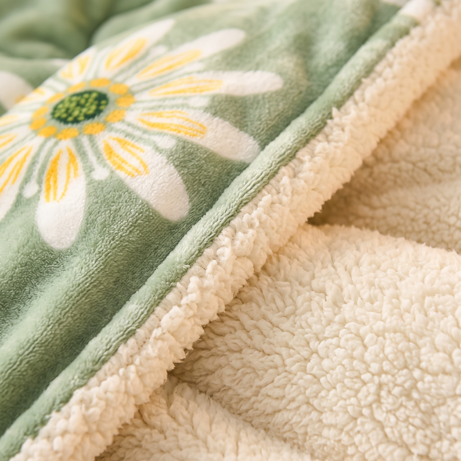 Close-up of the Green Floral quilt: sage green velvet with daisy print meeting thick cream sherpa fleece