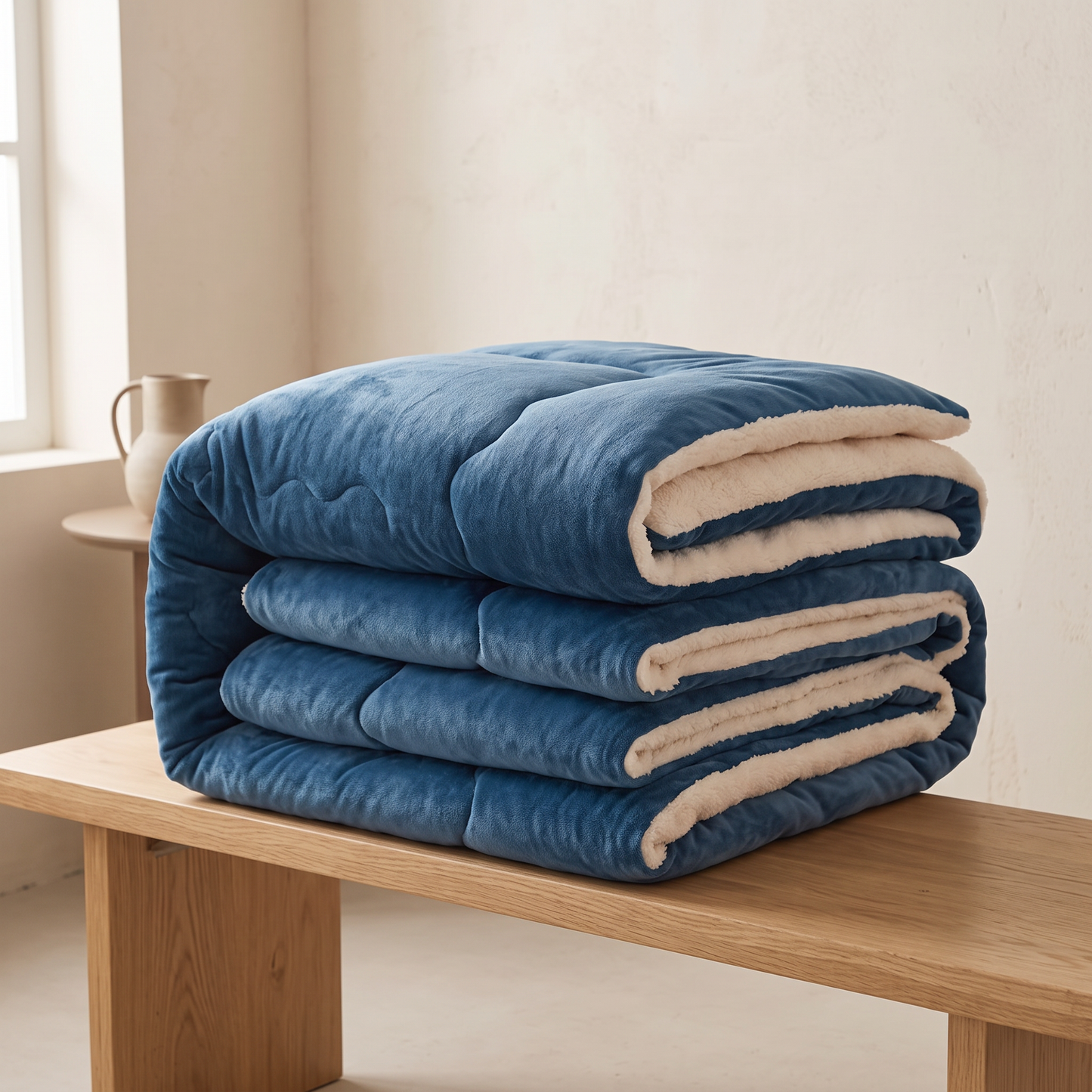 Ocean Blue quilt folded on an oak bench, showing the depth and loft of the filling
